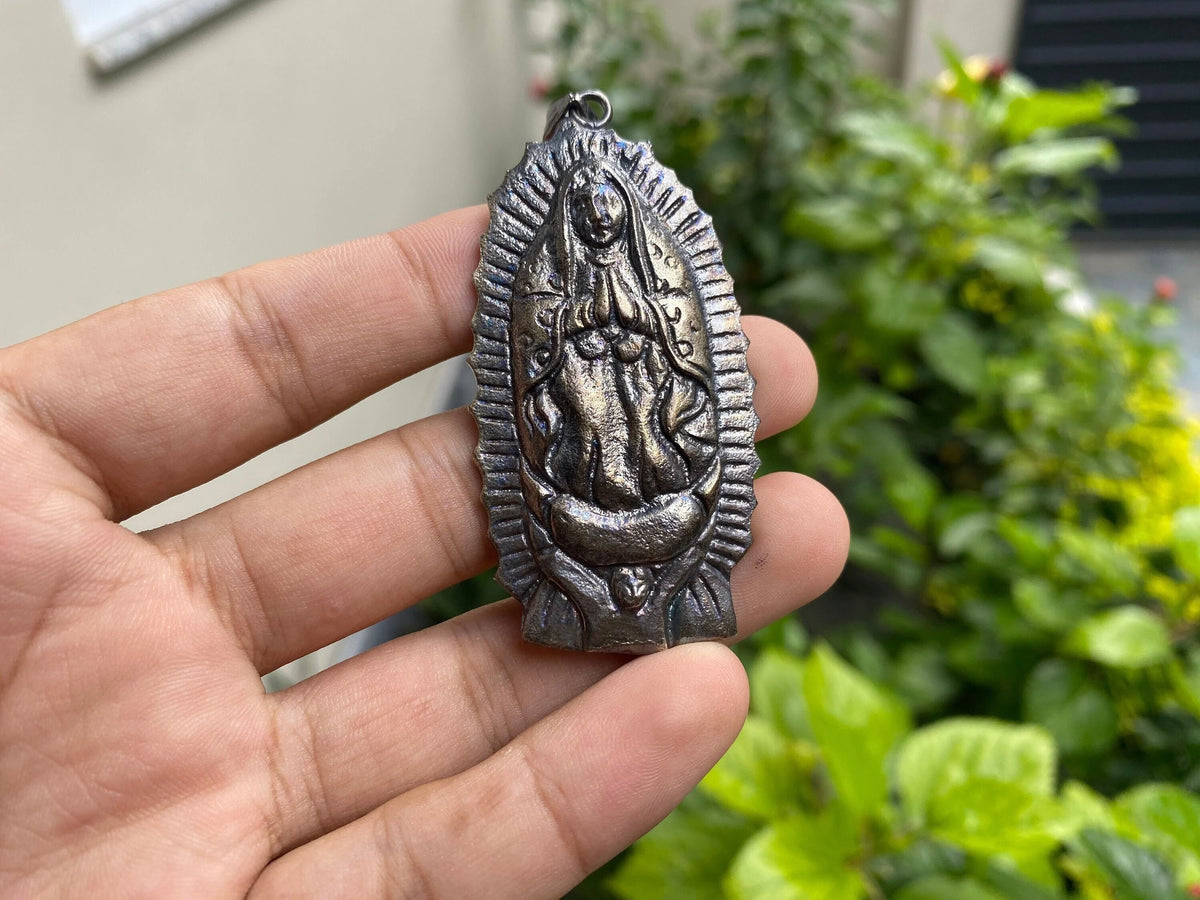 Holy Devotion: Lady of Guadalupe Tibetan Silver Overlay Pendant, Engraved and Hammered Jewelry, Unisex, Spiritual Pendant, Healing Jewelry