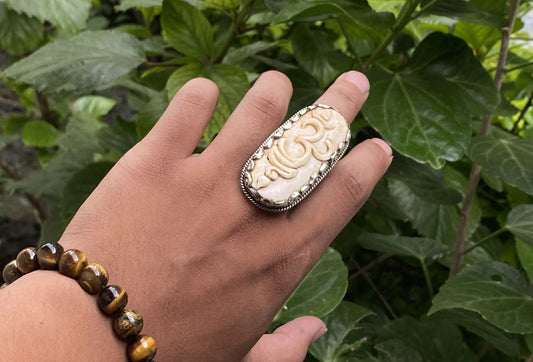 Holy OHM carved Ring, Hindu inspired Ring, Healing Ring, Hammered Ring, Buffalo bone Ring, Hippie fashion, Unisex Ring.
