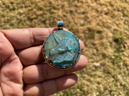 Hand Carved Unicorn Labradorite Tibetan Silver Pendant, Horse Pendant, Labradorite Unicorn, Healing Crystal, Animal Pendant, Animal Jewelry