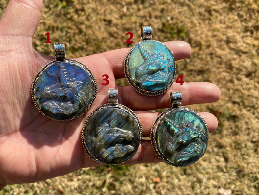 Hand Carved Unicorn Labradorite Tibetan Silver Pendant, Horse Pendant, Labradorite Unicorn, Healing Crystal, Animal Pendant, Animal Jewelry