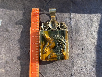 Hand Carved Unicorn Tiger Eye Natural Stone Tibetan Silver Pendant, Horse Pendant, Wildlife Jewelry, Animal Pendant, Natural Gemstone