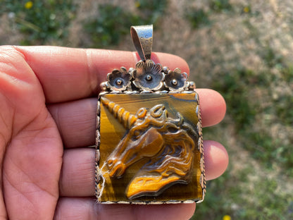 Hand Carved Unicorn Tiger Eye Natural Stone Tibetan Silver Pendant, Horse Pendant, Wildlife Jewelry, Animal Pendant, Natural Gemstone