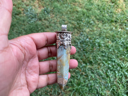 Huge Pointed Amazonite Crystal Tibetan Silver Pendant, Unique Design, Healing Point Crystal, Obelisk Crystal, Balancing Gem, Unique Jewelry