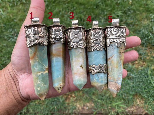 Huge Pointed Amazonite Crystal Tibetan Silver Pendant, Unique Design, Healing Point Crystal, Obelisk Crystal, Balancing Gem, Unique Jewelry