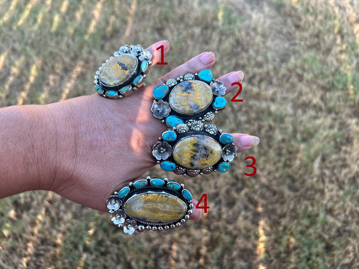 Adjustable Bumblebee Jasper with Turquoise Statement Ring, Tibetan Silver, Boho Jewelry