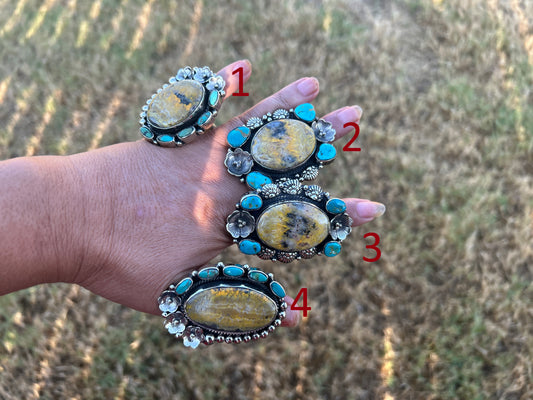 Adjustable Bumblebee Jasper with Turquoise Statement Ring, Tibetan Silver, Boho Jewelry