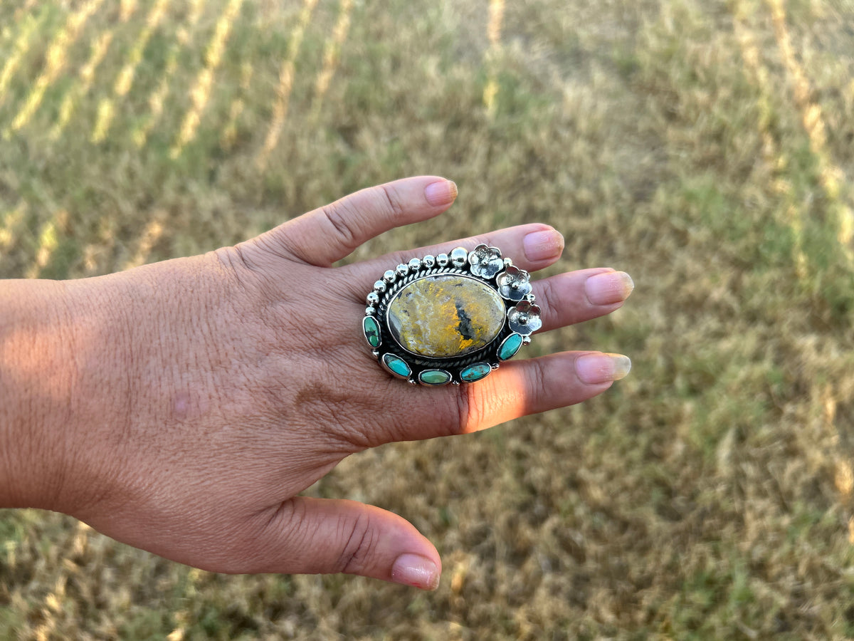 Adjustable Bumblebee Jasper with Turquoise Statement Ring, Tibetan Silver, Boho Jewelry