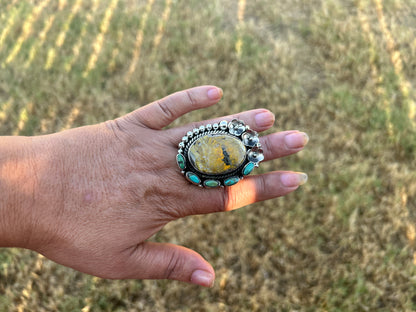 Adjustable Bumblebee Jasper with Turquoise Statement Ring, Tibetan Silver, Boho Jewelry