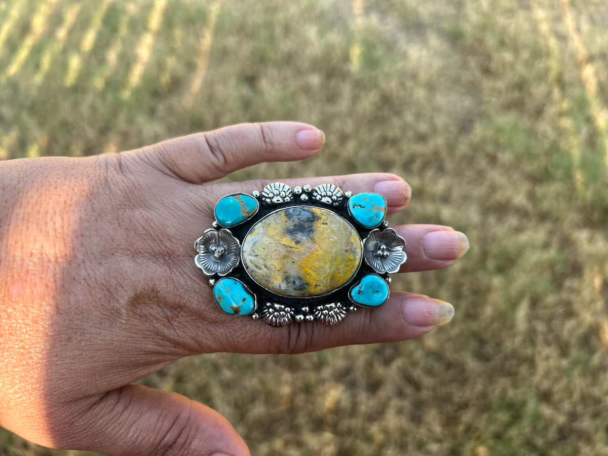 Adjustable Bumblebee Jasper with Turquoise Statement Ring, Tibetan Silver, Boho Jewelry