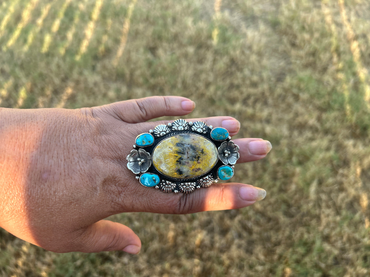 Adjustable Bumblebee Jasper with Turquoise Statement Ring, Tibetan Silver, Boho Jewelry