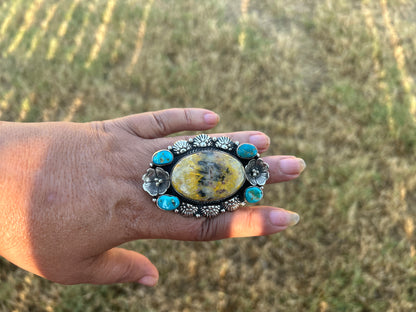 Adjustable Bumblebee Jasper with Turquoise Statement Ring, Tibetan Silver, Boho Jewelry