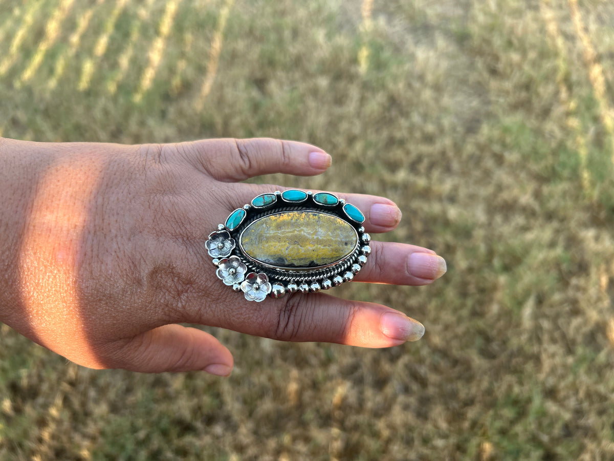Adjustable Bumblebee Jasper with Turquoise Statement Ring, Tibetan Silver, Boho Jewelry
