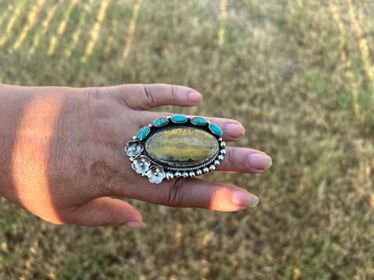 Adjustable Bumblebee Jasper with Turquoise Statement Ring, Tibetan Silver, Boho Jewelry