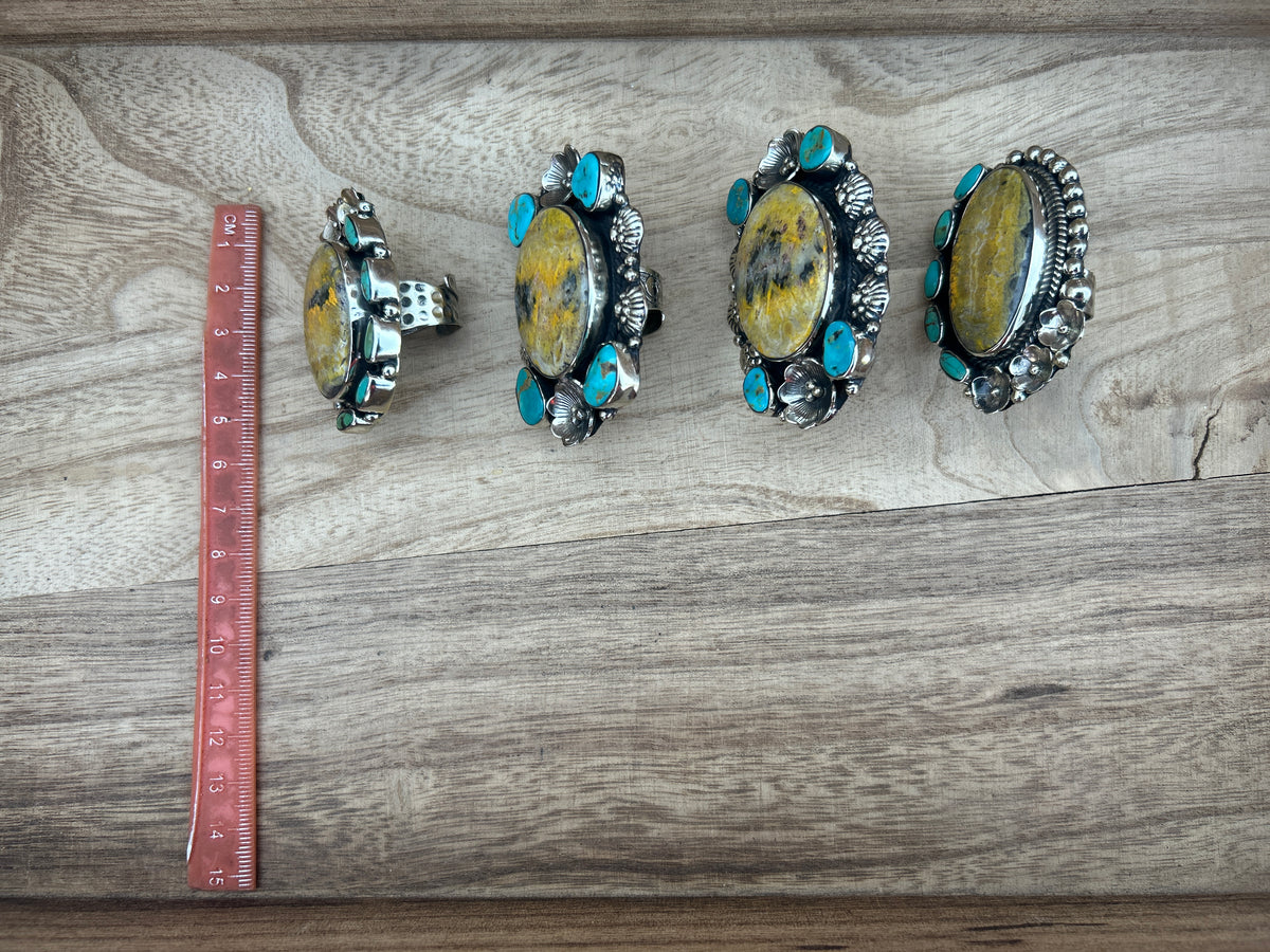 Adjustable Bumblebee Jasper with Turquoise Statement Ring, Tibetan Silver, Boho Jewelry