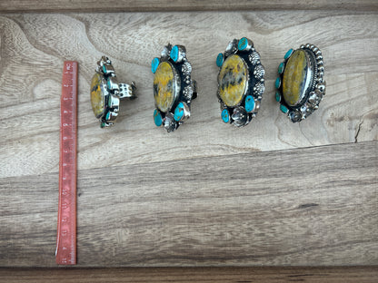 Adjustable Bumblebee Jasper with Turquoise Statement Ring, Tibetan Silver, Boho Jewelry