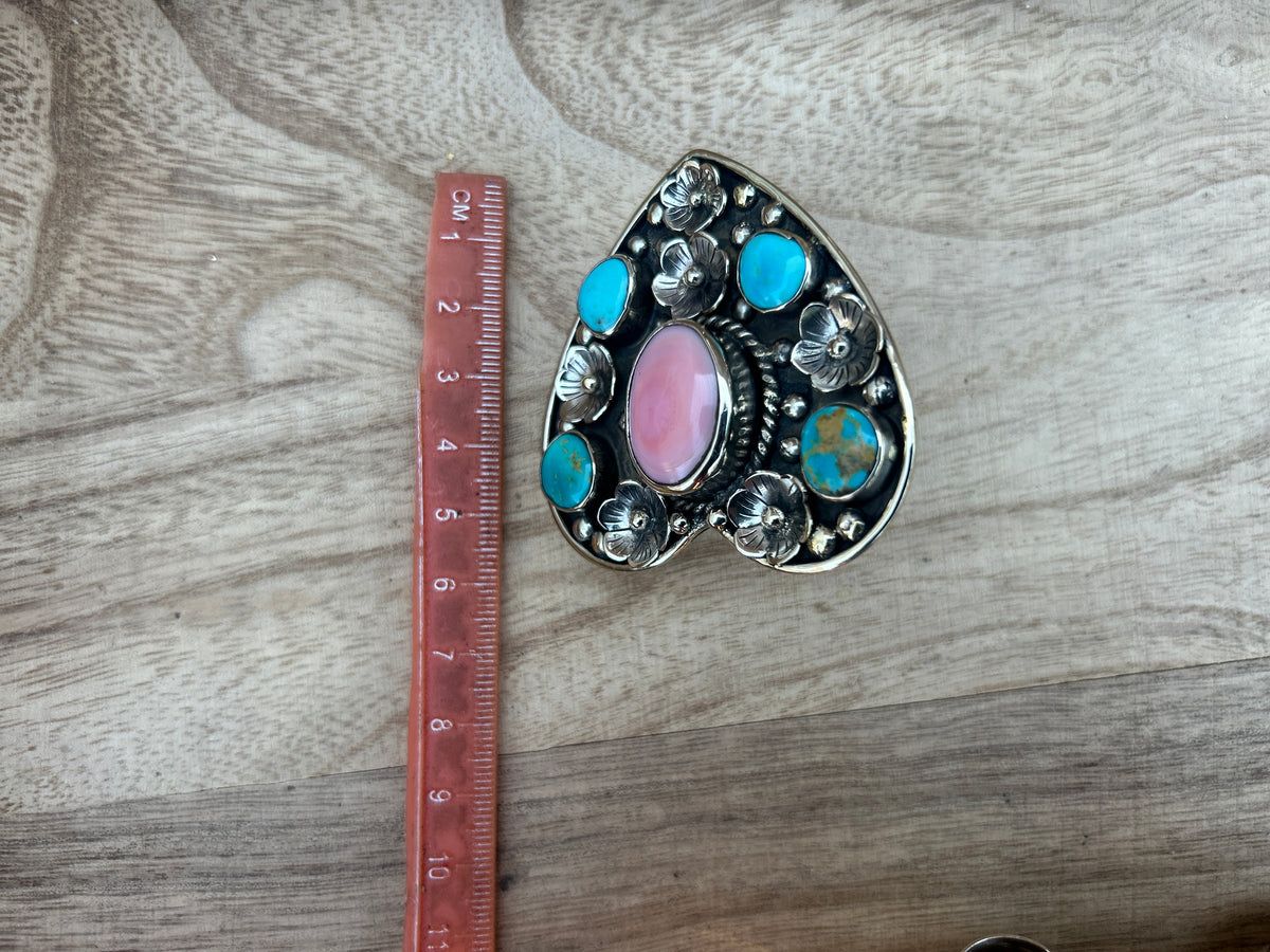 Adjustable Turquoise with Pink Shell Heart Ring, Tibetan Silver Boho Ethnic Jewelry