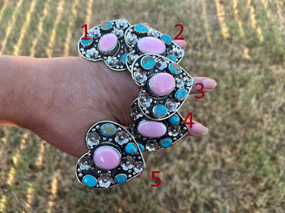 Adjustable Turquoise with Pink Shell Heart Ring, Tibetan Silver Boho Ethnic Jewelry