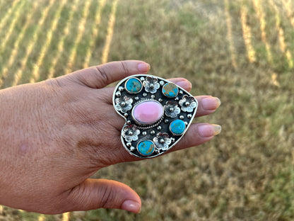 Adjustable Turquoise with Pink Shell Heart Ring, Tibetan Silver Boho Ethnic Jewelry