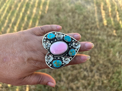 Adjustable Turquoise with Pink Shell Heart Ring, Tibetan Silver Boho Ethnic Jewelry