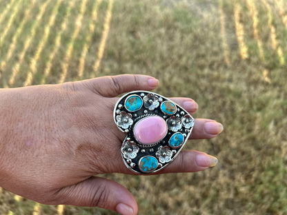 Adjustable Turquoise with Pink Shell Heart Ring, Tibetan Silver Boho Ethnic Jewelry