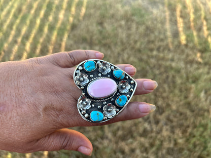 Adjustable Turquoise with Pink Shell Heart Ring, Tibetan Silver Boho Ethnic Jewelry