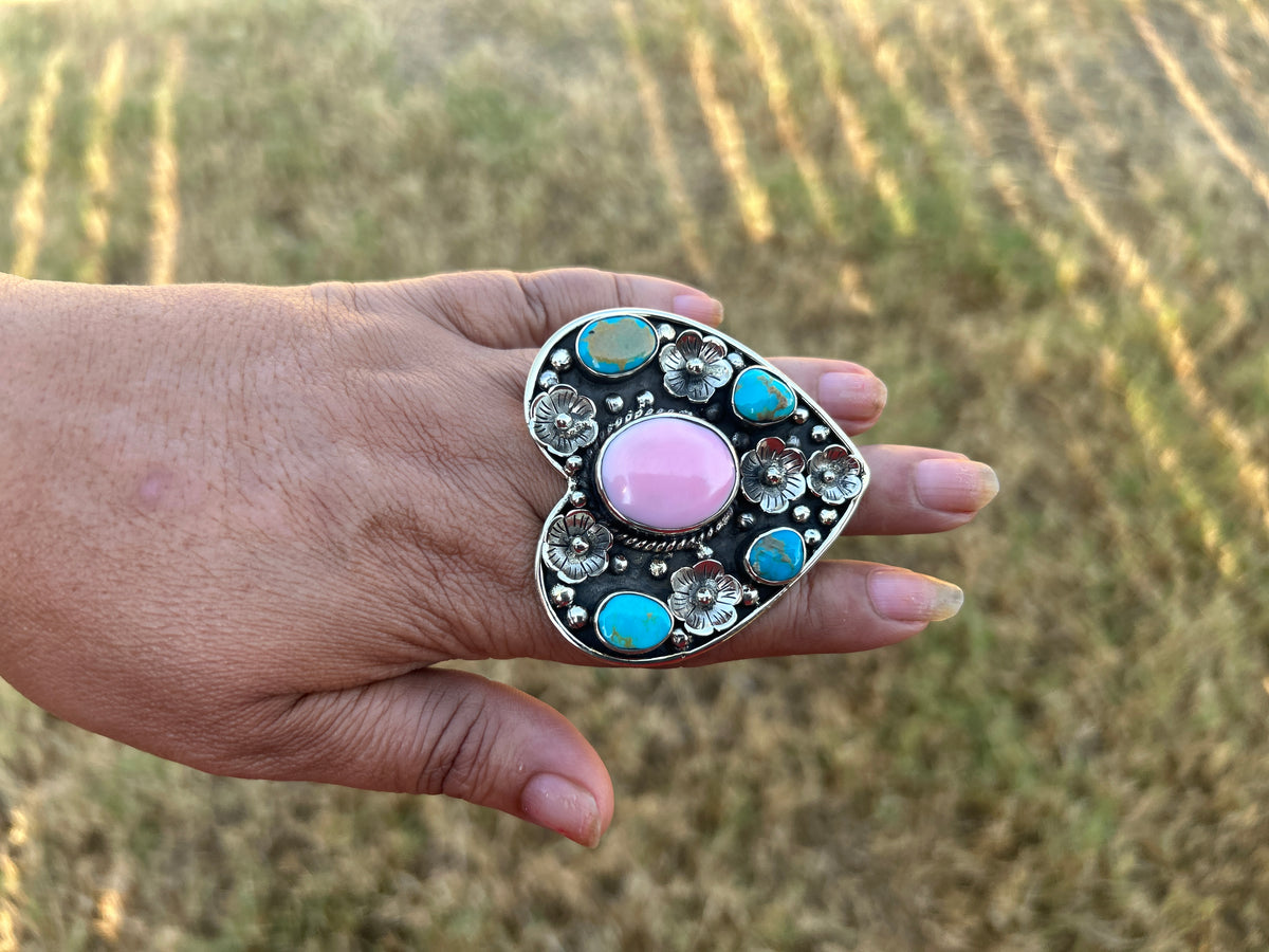 Adjustable Turquoise with Pink Shell Heart Ring, Tibetan Silver Boho Ethnic Jewelry