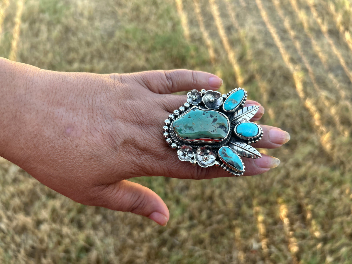 Adjustable Natural Turquoise Statement Ring, Tibetan Silver, Handmade Boho Tribal Style
