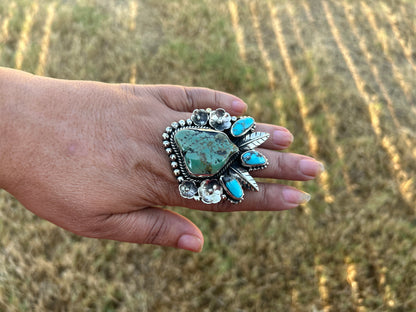 Adjustable Natural Turquoise Statement Ring, Tibetan Silver, Handmade Boho Tribal Style