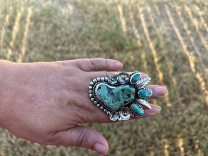 Adjustable Natural Turquoise Statement Ring, Tibetan Silver, Handmade Boho Tribal Style