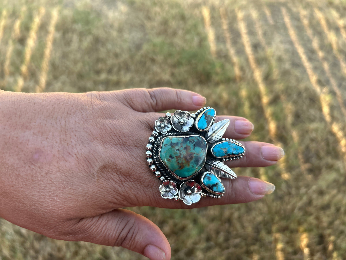 Adjustable Natural Turquoise Statement Ring, Tibetan Silver, Handmade Boho Tribal Style