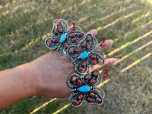 Adjustable Ring, Natural Turquoise with Red Coral Butterfly Ring, Tibetan Silver Boho Statement Jewelry