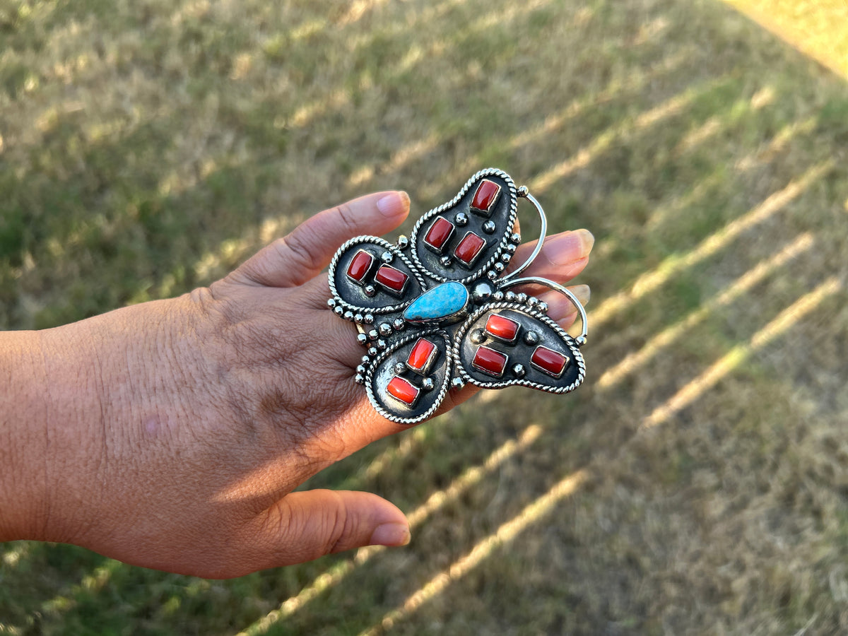 Adjustable Ring, Natural Turquoise with Red Coral Butterfly Ring, Tibetan Silver Boho Statement Jewelry