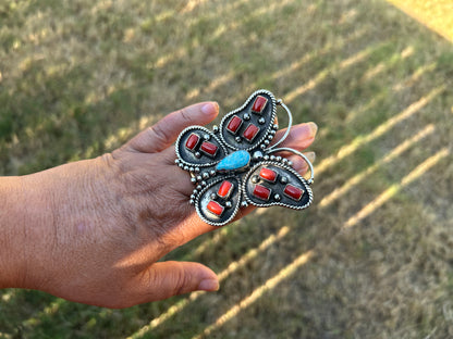Adjustable Ring, Natural Turquoise with Red Coral Butterfly Ring, Tibetan Silver Boho Statement Jewelry