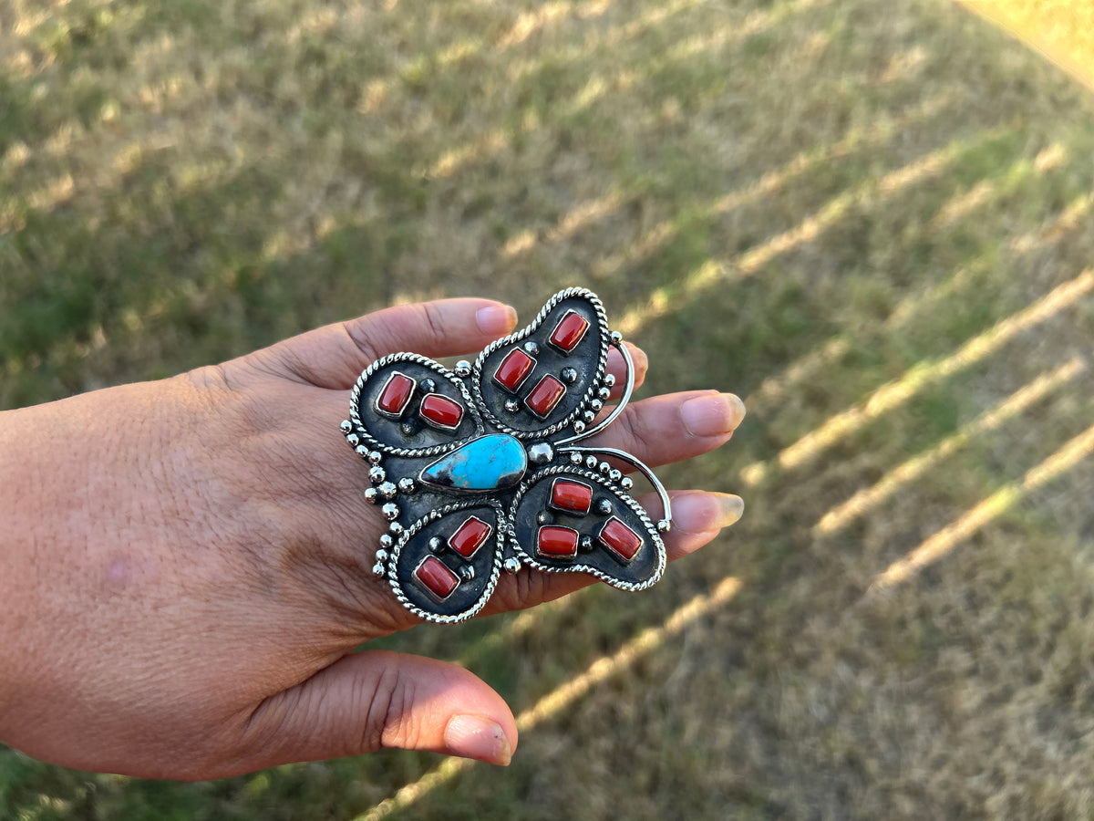 Adjustable Ring, Natural Turquoise with Red Coral Butterfly Ring, Tibetan Silver Boho Statement Jewelry
