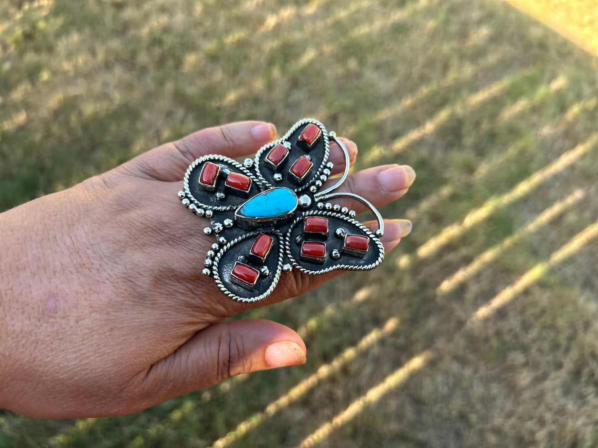 Adjustable Ring, Natural Turquoise with Red Coral Butterfly Ring, Tibetan Silver Boho Statement Jewelry