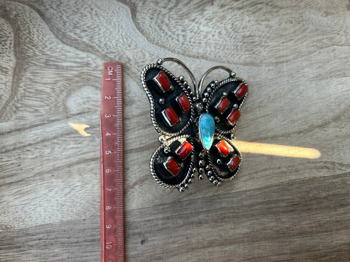 Adjustable Ring, Natural Turquoise with Red Coral Butterfly Ring, Tibetan Silver Boho Statement Jewelry
