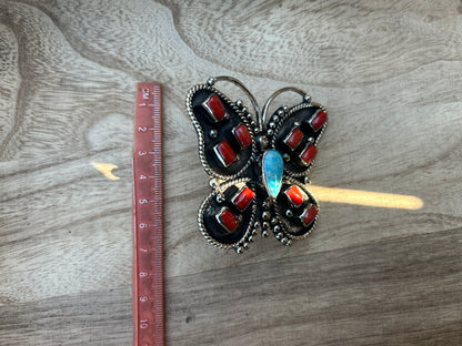 Adjustable Ring, Natural Turquoise with Red Coral Butterfly Ring, Tibetan Silver Boho Statement Jewelry