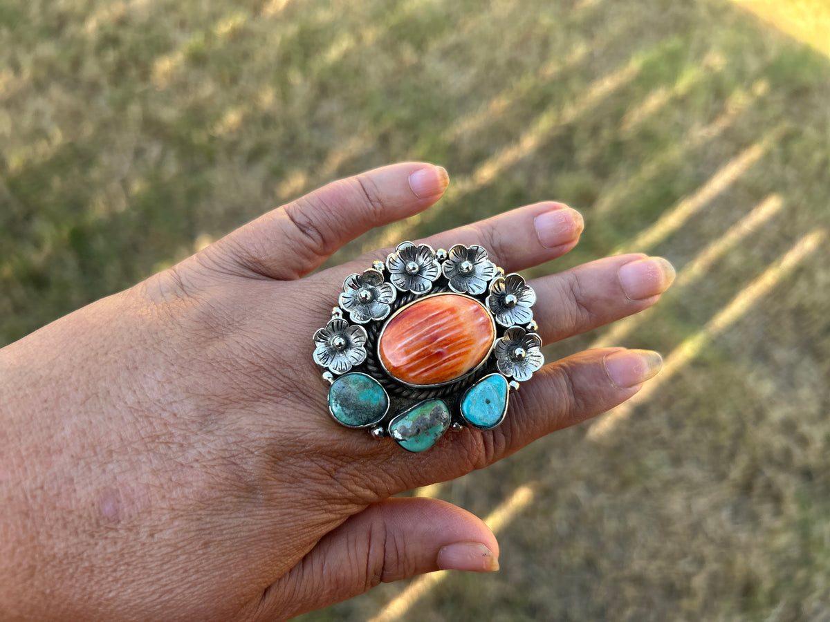 Adjustable Turquoise Spiny Oyster Tibetan Silver Ring, Boho Gemstone Statement Jewelry