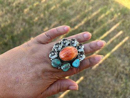 Adjustable Turquoise Spiny Oyster Tibetan Silver Ring, Boho Gemstone Statement Jewelry