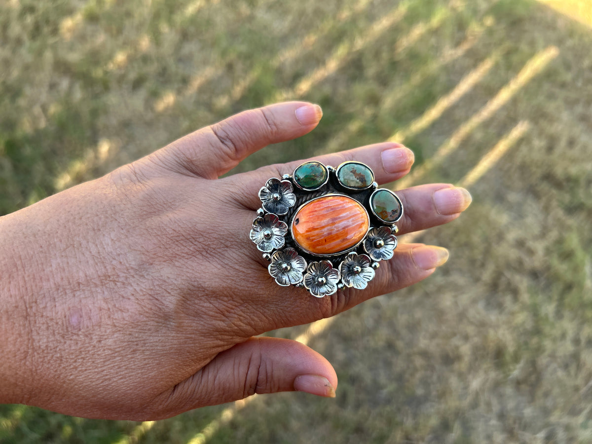 Adjustable Turquoise Spiny Oyster Tibetan Silver Ring, Boho Gemstone Statement Jewelry
