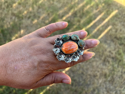 Adjustable Turquoise Spiny Oyster Tibetan Silver Ring, Boho Gemstone Statement Jewelry