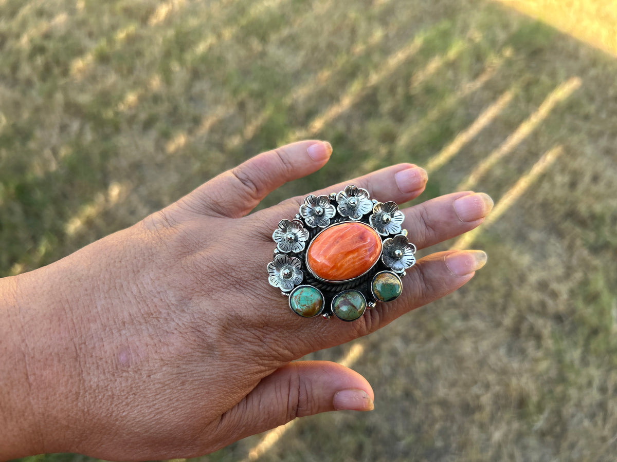 Adjustable Turquoise Spiny Oyster Tibetan Silver Ring, Boho Gemstone Statement Jewelry