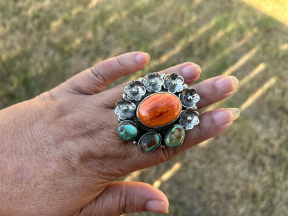 Adjustable Turquoise Spiny Oyster Tibetan Silver Ring, Boho Gemstone Statement Jewelry