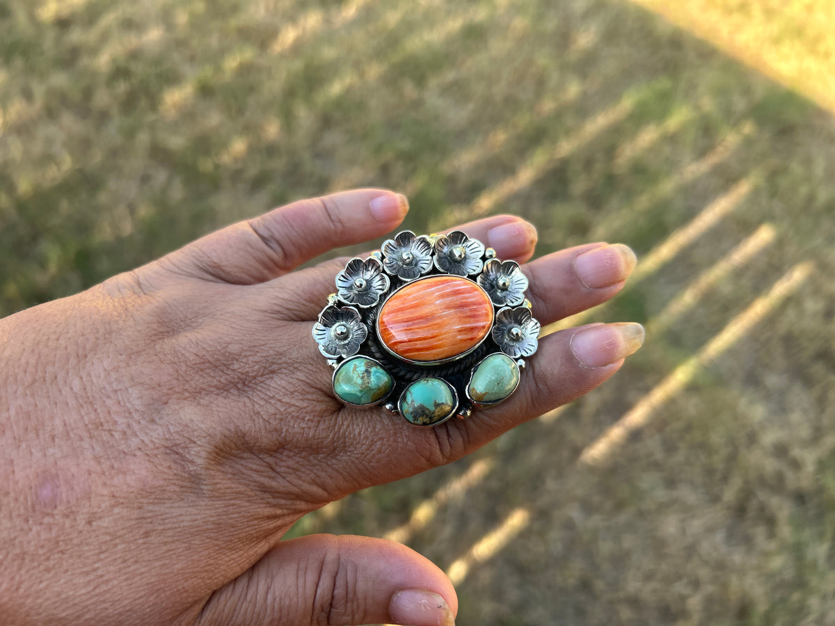 Adjustable Turquoise Spiny Oyster Tibetan Silver Ring, Boho Gemstone Statement Jewelry