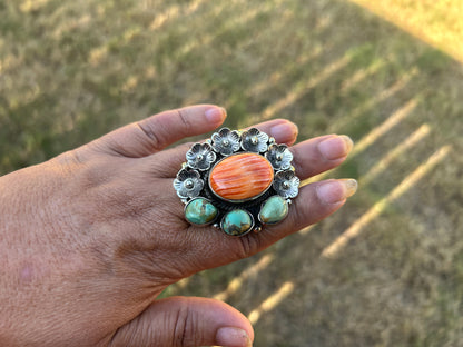 Adjustable Turquoise Spiny Oyster Tibetan Silver Ring, Boho Gemstone Statement Jewelry