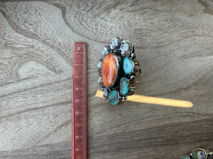 Adjustable Turquoise Spiny Oyster Tibetan Silver Ring, Boho Gemstone Statement Jewelry