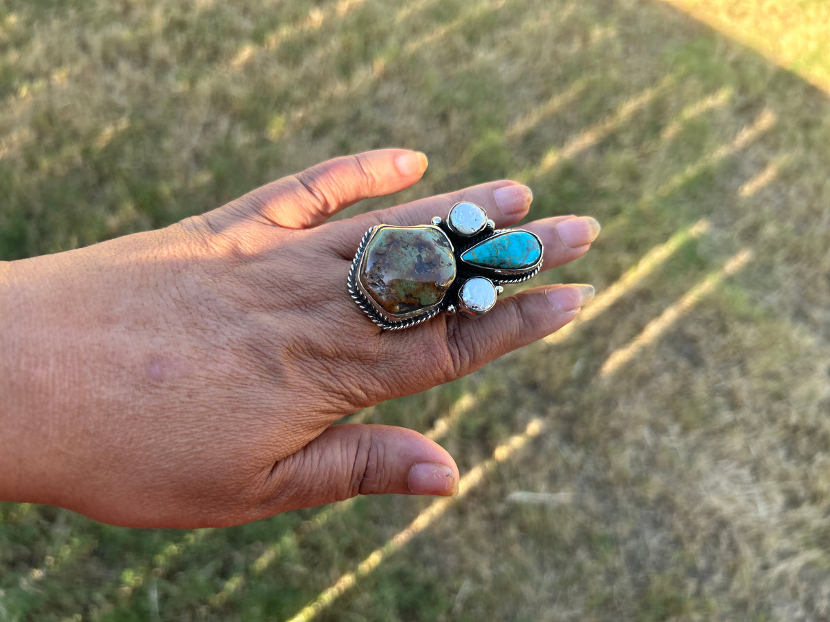 Adjustable Turquoise Pearl Ring, Tibetan Silver Boho Ethnic Jewelry