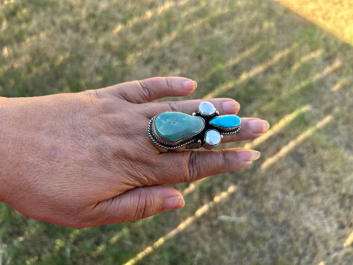 Adjustable Turquoise Pearl Ring, Tibetan Silver Boho Ethnic Jewelry