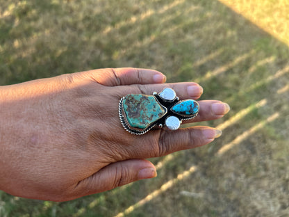 Adjustable Turquoise Pearl Ring, Tibetan Silver Boho Ethnic Jewelry