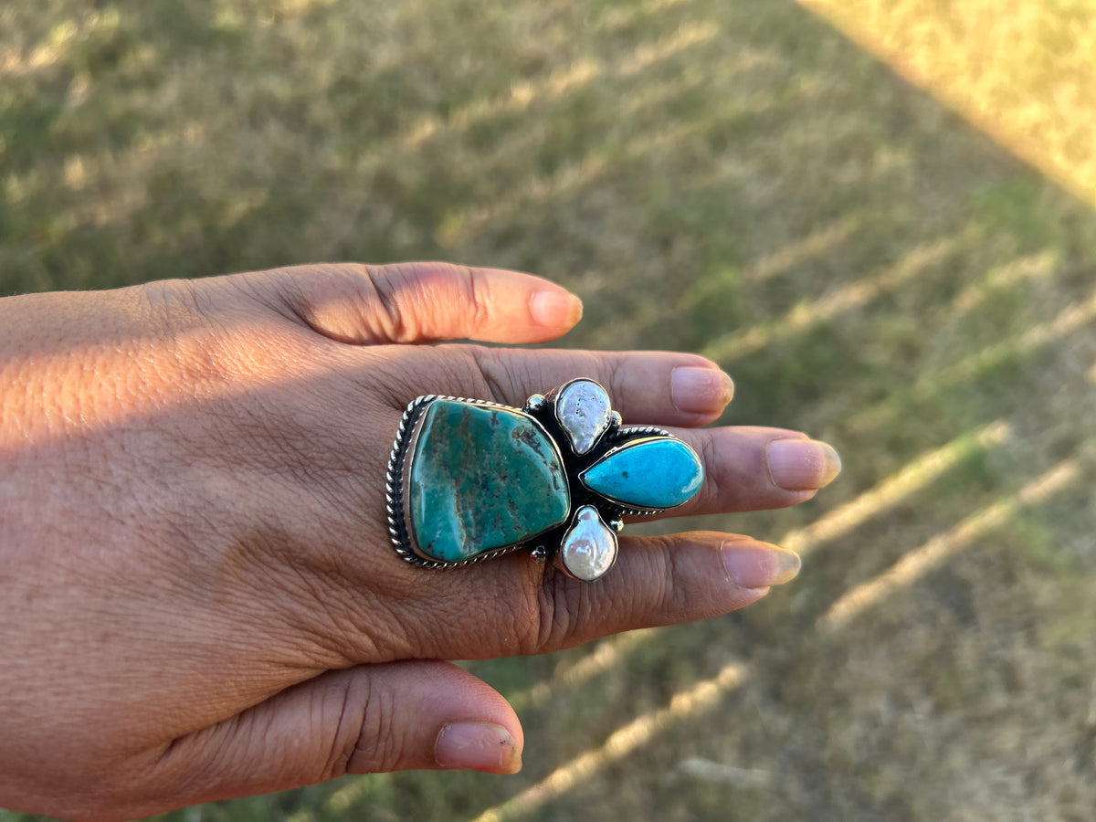 Adjustable Turquoise Pearl Ring, Tibetan Silver Boho Ethnic Jewelry